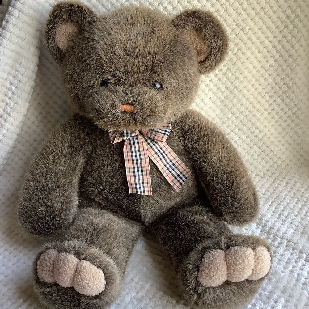 Large Unbranded Brown Plush Bear with Plaid Bow Stuffed Animal Toy